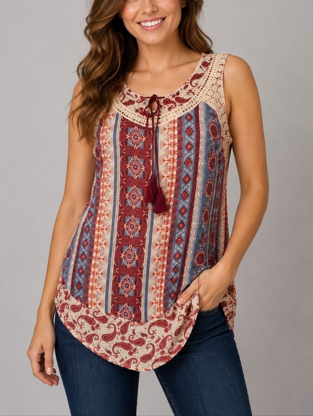 3/$30 CATO Floral Tribal Paisley Lace Tassel Sleeveless V-Neck Blouse